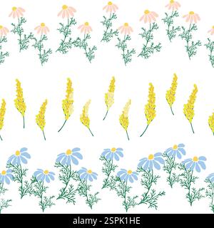 Chamomile, rudbeckia, clover, leaves, poppies, lilies of the valley, berries, tulips, assembled horizontal border seamless pattern Floral seamless bor Stock Vector