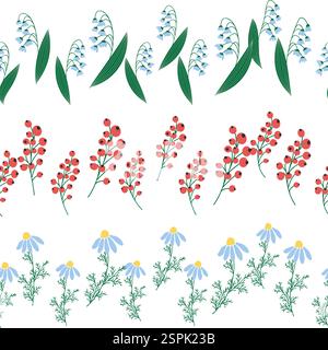 Chamomile, rudbeckia, clover, leaves, poppies, lilies of the valley, berries, tulips, assembled horizontal border seamless pattern Floral seamless bor Stock Vector