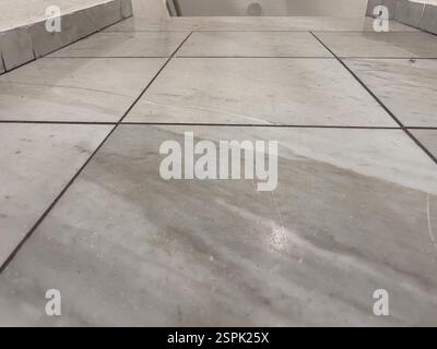 Light gray marble tile floor with dark grout lines.  The perspective is from a low angle, showing several tiles.  Slight discoloration and scratches a Stock Photo
