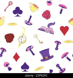Wonderland pattern elements roses, rabbit, Cheshire cat, flamingo cards hat cup and mushrooms and clock Stock Vector