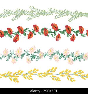 Chamomile, rudbeckia, clover, leaves, poppies, lilies of the valley, berries, tulips, assembled horizontal border seamless pattern Floral seamless bor Stock Vector