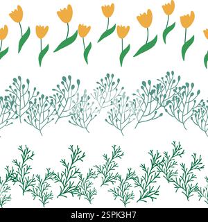 Chamomile, rudbeckia, clover, leaves, poppies, lilies of the valley, berries, tulips, assembled horizontal border seamless pattern Floral seamless bor Stock Vector
