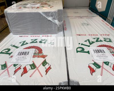 Two stacks of shrink-wrapped pizza boxes, predominantly white with green lettering and Italian flag imagery.  Boxes are labeled with article numbers a Stock Photo