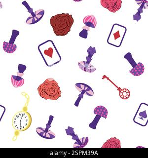 Wonderland pattern elements roses, rabbit, Cheshire cat, flamingo cards hat cup and mushrooms and clock Stock Vector
