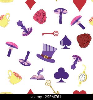 Wonderland pattern elements roses, rabbit, Cheshire cat, flamingo cards hat cup and mushrooms and clock Stock Vector