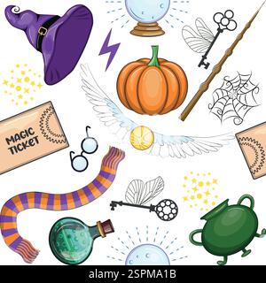 Magic items seamless pattern in cartoon bright style. Witchcraft and sorcery, Esotericism and mysticism, occultism Stock Vector