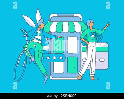 Holiday shopping people doing e-commerce online shopping flat vector concept operation hand drawn illustration Stock Vector