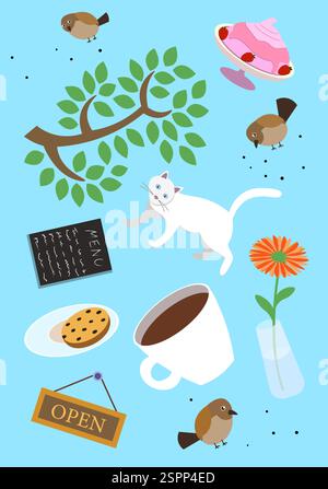 Playful coffee themed doodle set featuring cup, tea and desserts. Warm and aromatic design, perfect for cafe menu, stickers, banner and decorative background with trendy artistic touch. Art print. Stock Vector