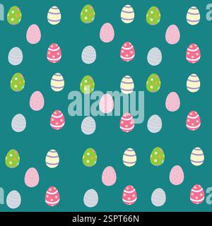 A seamless pattern of colorful decorated Easter eggs on a teal background. Ideal for holiday-themed designs, wrapping paper, and digital projects.  Stock Vector