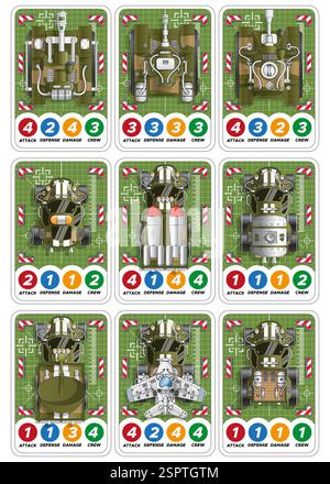 A set of game cards with combat vehicles. Collection. View from above. Isolated on white background. Vector illustration. Stock Vector