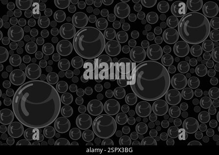 Transparent bubbles of different sizes on black background, seamless pattern Stock Vector