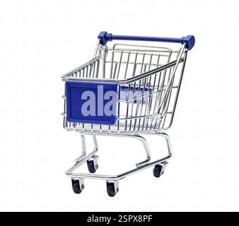 Square shot of an empty time shopping cart at an angle. Isolated on white with copy space. Stock Photo