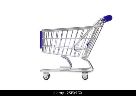 Horizontal shot of an empty tiny shopping cart on white with copy space. Stock Photo