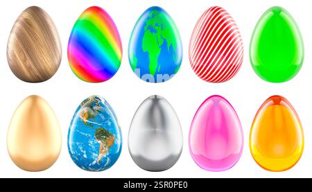 Colored Easter Eggs with different texture. Easter concept. 3D rendering isolated on white background Stock Photo