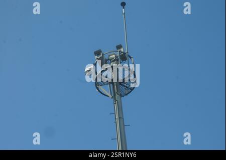 CCTV pole with multiple cameras mounted on a tall pole. Security surveillance in South Korea. Also symbolizes public safety and monitoring in South Ko Stock Photo