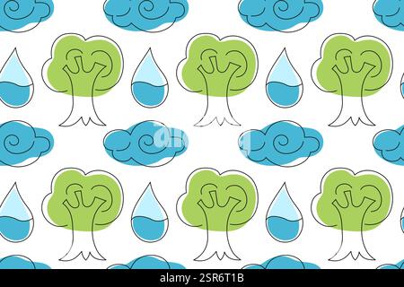 Nature pattern featuring stylized trees, water droplets, and clouds in vibrant colors Stock Vector