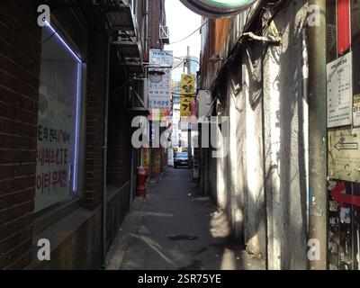 Korean alleyway, narrow street lined with weathered buildings and signs. Red fire hydrant stands out, highlighting the sense of urban decay and resili Stock Photo