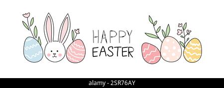 Hand-drawn Easter banner featuring a cute bunny, decorated eggs, and floral elements in pastel colors with Happy Easter text.  Stock Vector