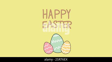 Minimalist Easter illustration featuring Happy Easter text with three pastel-colored decorated eggs on a yellow background.  Stock Vector