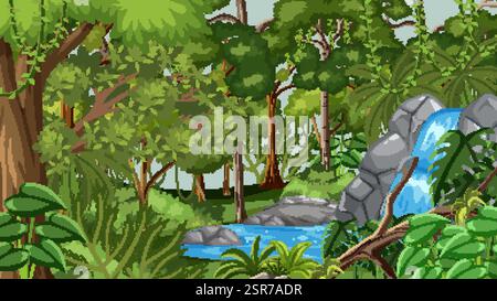 Vibrant forest landscape featuring a cascading waterfall Stock Vector