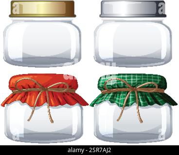 Four jars with vibrant, patterned fabric covers Stock Vector