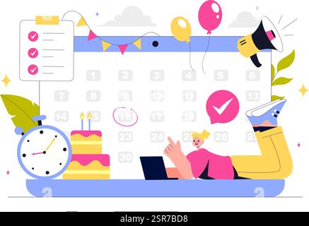 Event Planner Vector Illustration featuring Party Decorations, Scheduling, Time Management, Business Agenda, and a Calendar in a Flat Style Background Stock Vector