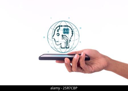 Hand holding a smartphone with virtual screen of artificial intelligence robot or chatbot technology concept. Stock Photo