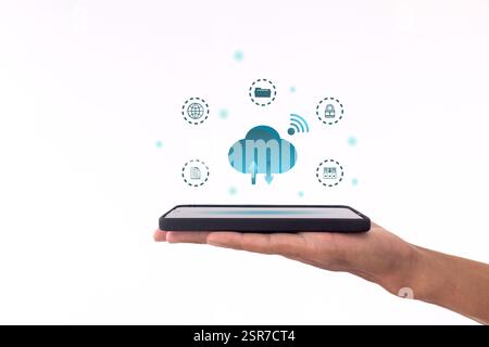 Phone data backup and cloud data storage concept. Man using a smartphone to upload and download data to cloud storage. Stock Photo
