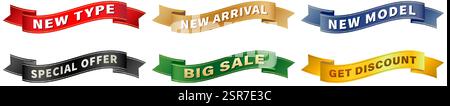 vector illustration of a six colorful set ribbon scroll with text model for User interface designs, print Layouts, collages, scene decks, ads campaign Stock Vector