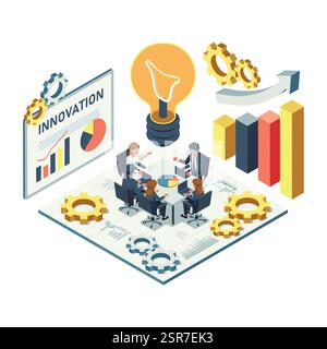 Isometric Innovation Hub with Entrepreneurs and Innovators in Collaborative Workspace and Business Development. Innovation Hub and Strategy Concept Stock Vector