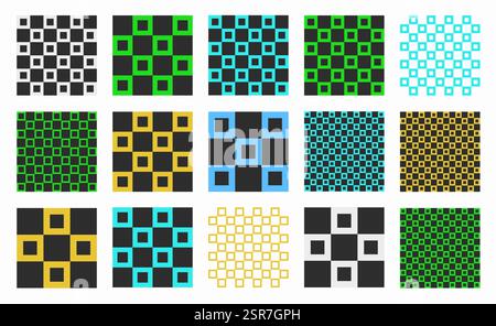 Collection of vibrant checkered patterns with colorful linear squares. Geometric grid and block y2k designs perfect for modern wallpapers and backgrou Stock Vector