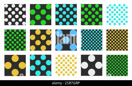 Set of vibrant colorful seamless polka dot patterns with round shapes in Y2K style. Modern geometric vector designs for backgrounds and wallpapers. Ar Stock Vector
