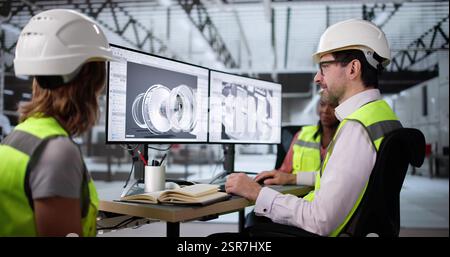 African-American engineer inspects aircraft jet engine with diverse team. Stock Photo