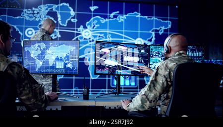 Cyber Technology Operator In Military Control Center Uses CCTV Cameras Stock Photo