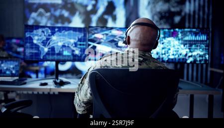 Young African American Man Working In Military Army Technology Center. Stock Photo