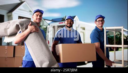 Movers busy unloading furniture and carpet from truck. Office relocation. Furniture decorator. Stock Photo