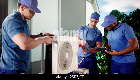 Repairing a black air conditioning unit, HVAC technician at work. Stock Photo