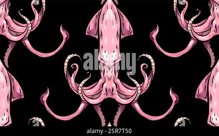 Vector seamless pattern with creepy squids on a black background. Texture with sea inhabitants with tentacles in cartoon style for wallpapers Stock Vector