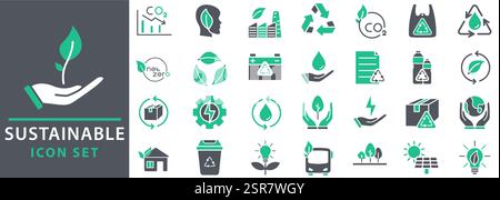 Sustainable icon set. Collection of renewable energy, ecology and green electricity icons. green energy icons. Vector illustration. Stock Vector