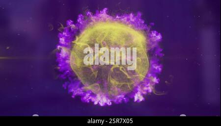 Image of colourful spots moving over blue background Stock Photo