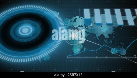 Image of circular scanner over charts, world map and communication network on dark background Stock Photo