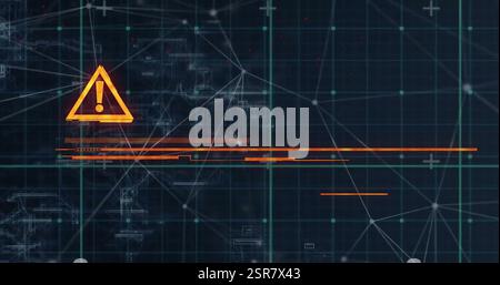 Image of digital grid and exclamation mark over black background Stock Photo
