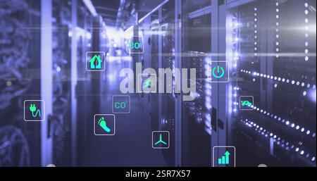 Image of light spots and ecology icons over server room Stock Photo