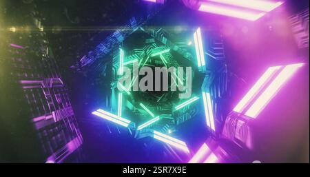 Image of glowing neon shapes moving over purple background Stock Photo