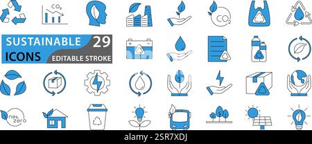 Sustainable icon set. Collection of renewable energy, ecology and green electricity icons. green energy icons. Vector illustration. Stock Vector
