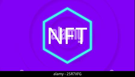Image of financial data processing and nft text over neon pattern Stock Photo