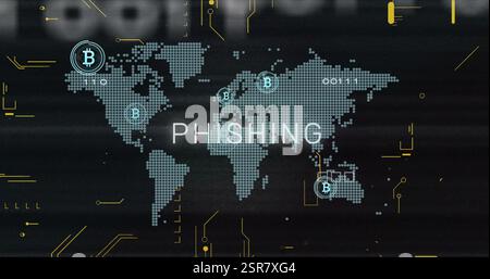 Image of phishing text, bitcoin symbols and data processing over world map on black background Stock Photo
