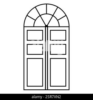 Black line drawing double door with an arched window above Stock Vector