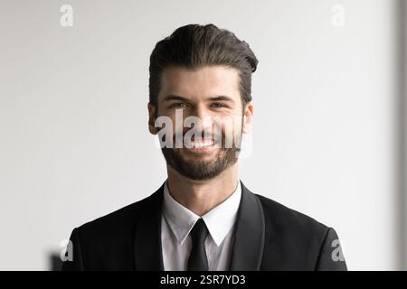 Head shot close up portrait happy European businessman Stock Photo