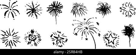 Fireworks cute pencil lines doodle elements for birthday, anniversary. Set of black color sketches in style of lightning, explosion, sun rays Stock Vector